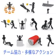 囲まれる姿、攻撃回避、罠、格闘、食事、手洗い、車椅子介助、穴を覗く、箱に入る、巨大な缶を押すなど、トラブルや日常動作を描いた黒い3Dピクトグラムのセット。