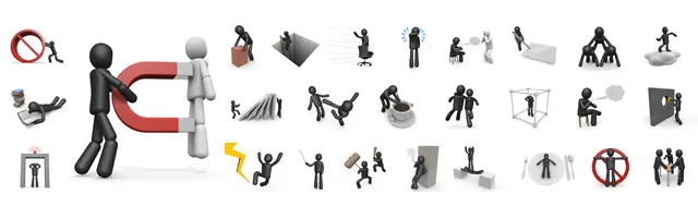 磁石で人を引き寄せる様子、禁止マーク、穴を覗き込む、丁寧なお辞儀、殴り合いの喧嘩、コーヒー休憩、檻に閉じ込められる、食事など、人間関係や様々な状況の3D人物素材セット。