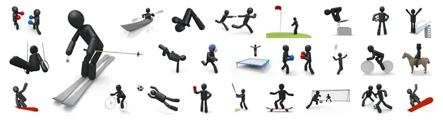 スキー、カヌー、ボクシング、ゴルフ、サッカーのゴールシーン、乗馬、スノーボード、トランポリン、バドミントンなど、多様なスポーツ競技の動作を表現した3Dピクトグラム素材セット。