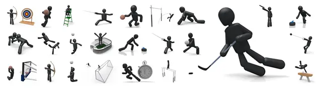 アイスホッケーのシュートシーンを中心に、アーチェリー、フェンシング、バスケットボール、バレーボール、カーリング、体操の跳馬など、様々なスポーツの決定的瞬間を捉えた3D素材セット。