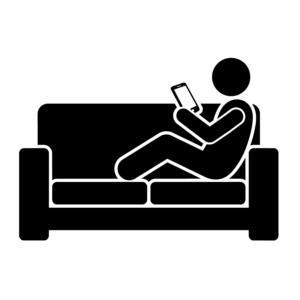 Black pictogram illustration of a person sitting on a sofa and using a smartphone